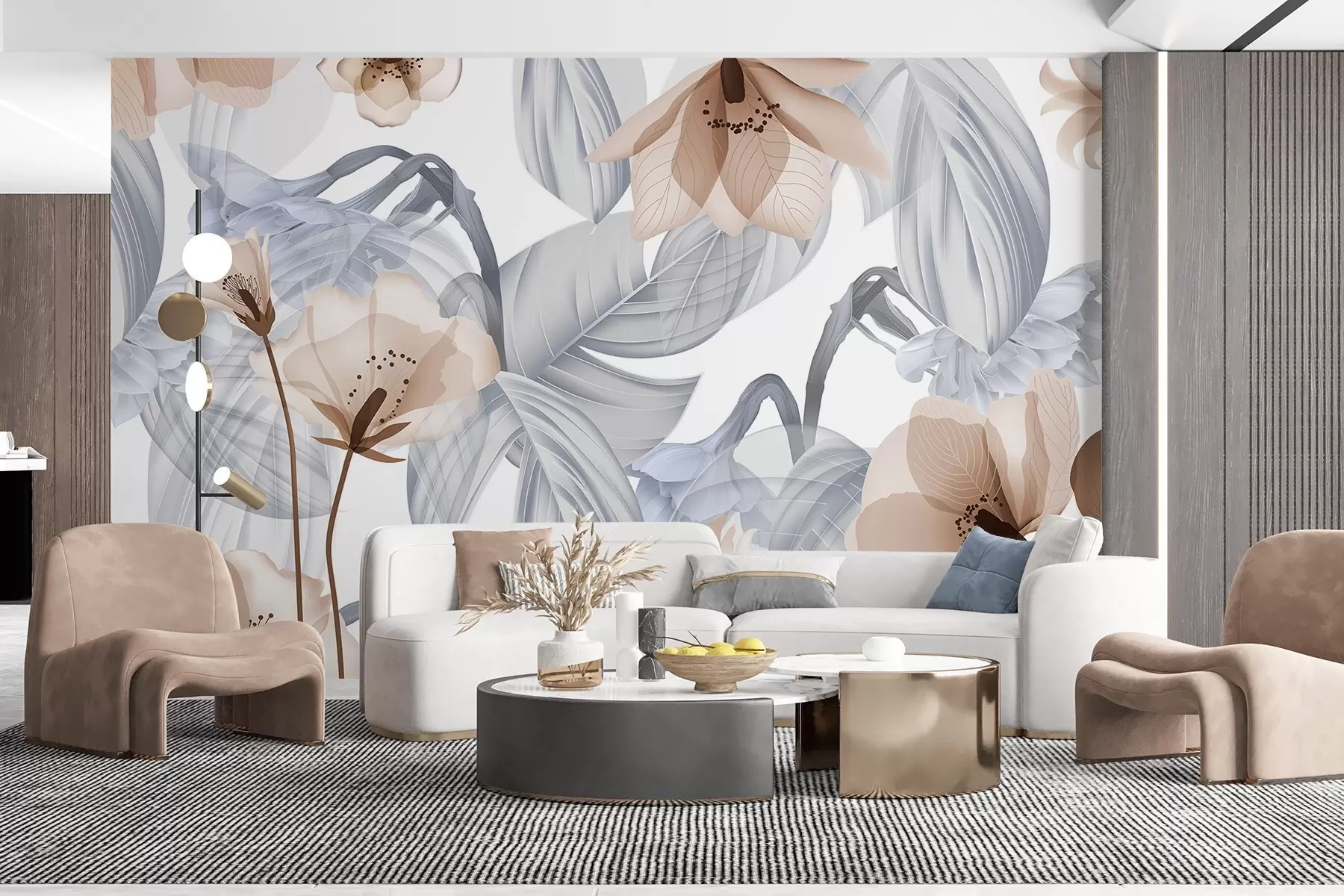 wall murals Brown flowers and grey leaves, floral botanical background, elegant design, soft colors, light delicate details w09497v1