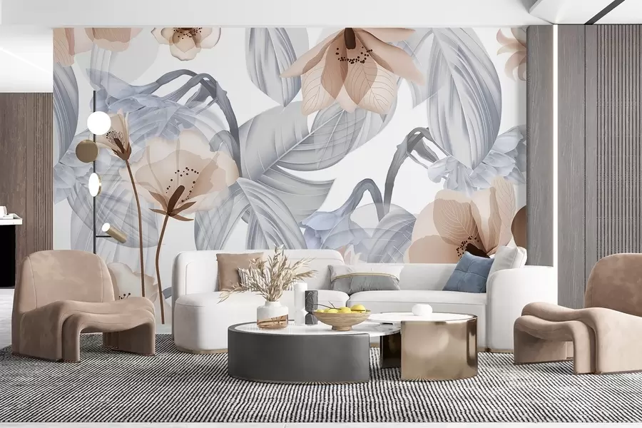 wall murals Brown flowers and grey leaves, floral botanical background, elegant design, soft colors, light delicate details w09497v1