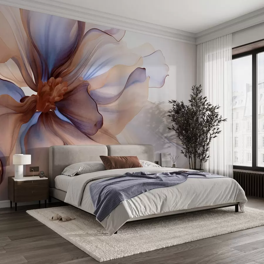 wall murals Detailed large textured flower with white, blue and brown petals, on white background w09498