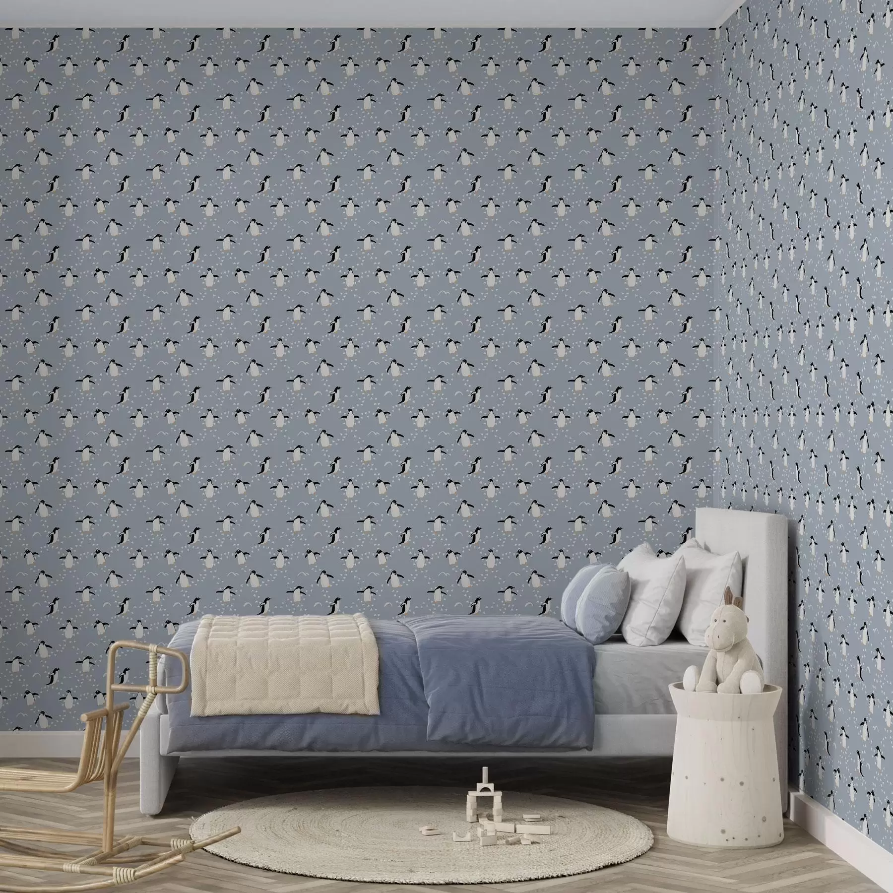 wall murals Penguins on gray-blue with footprints a00655