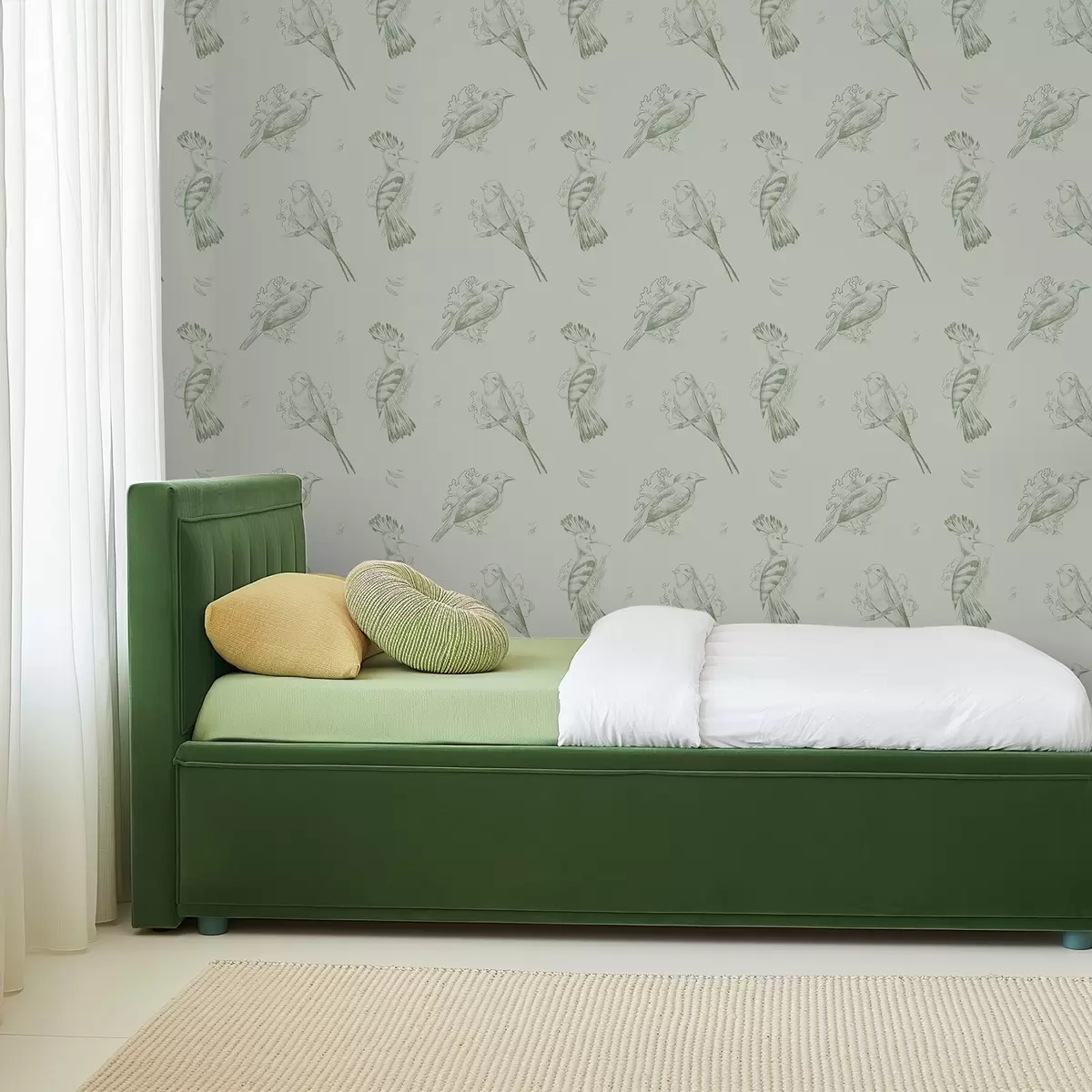 Wallpaper Bird toile: sketch birds on gray-green background a00656v1