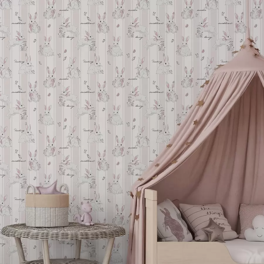 wall murals Bunnies with bows, pink stripes and small scripts a00657
