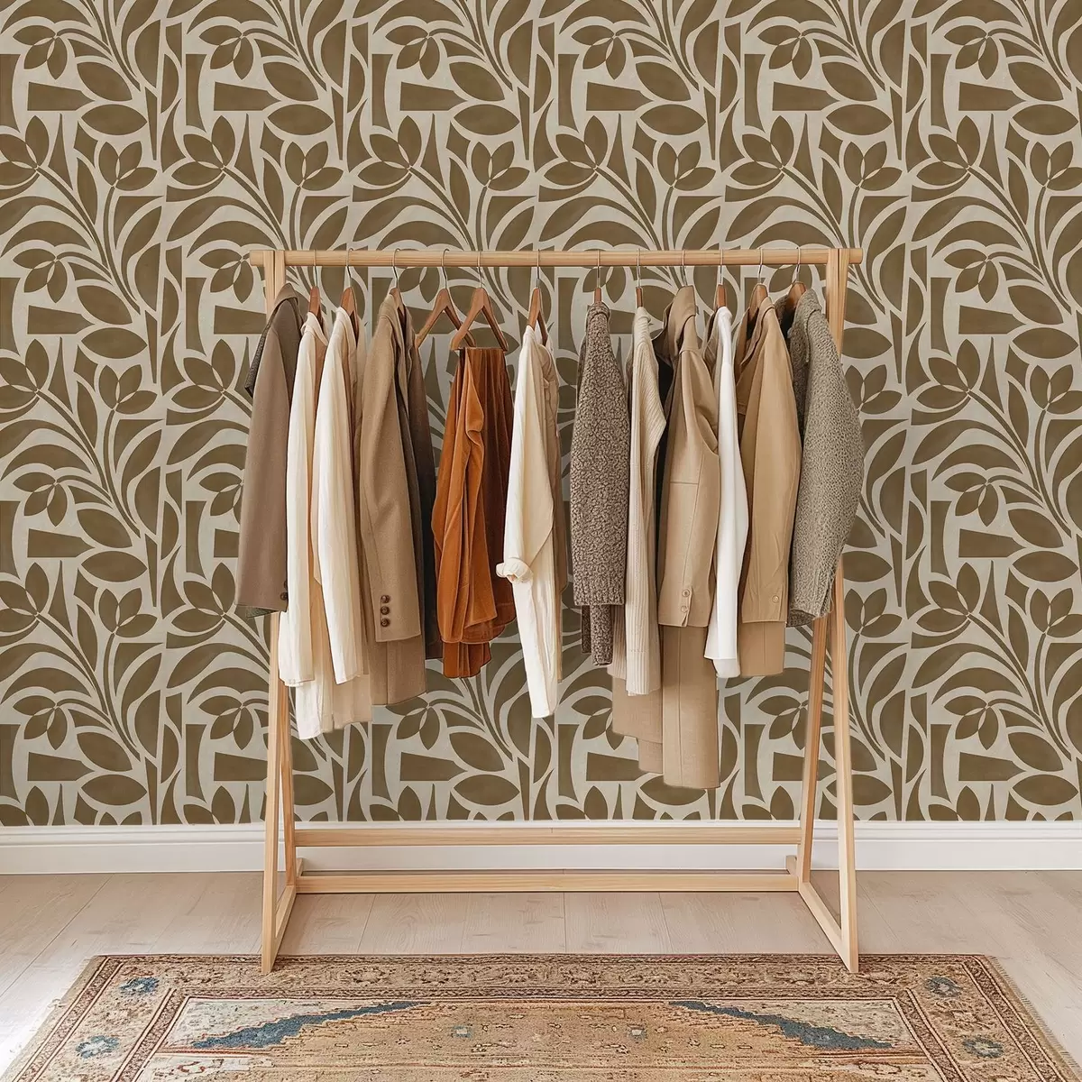 Wallpaper Geometric leaf silhouettes, caramel-brown on beige a00679