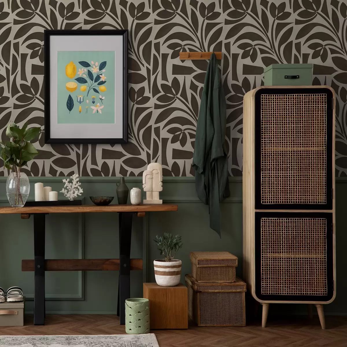 Wallpaper Geometric leaf silhouettes, dark brown on beige a00679v1