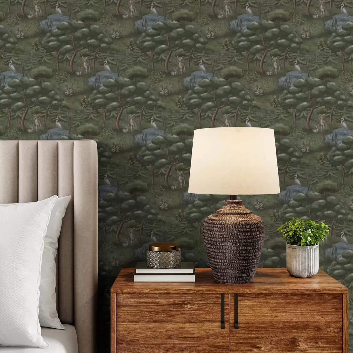 Wallpaper Forest glade with fawns, rabbits and herons a00680