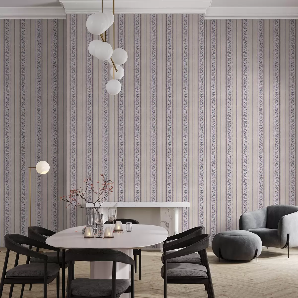 Wallpaper Vertical stripes with lavender vignettes, warm beige a00813
