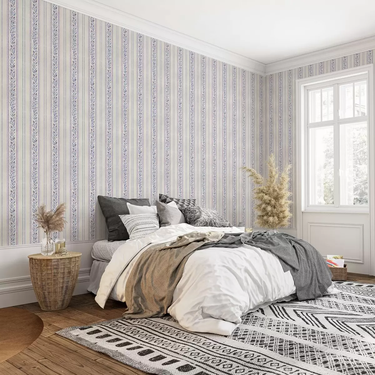 Wallpaper Vertical stripes with lavender garlands, beige background a00813v1