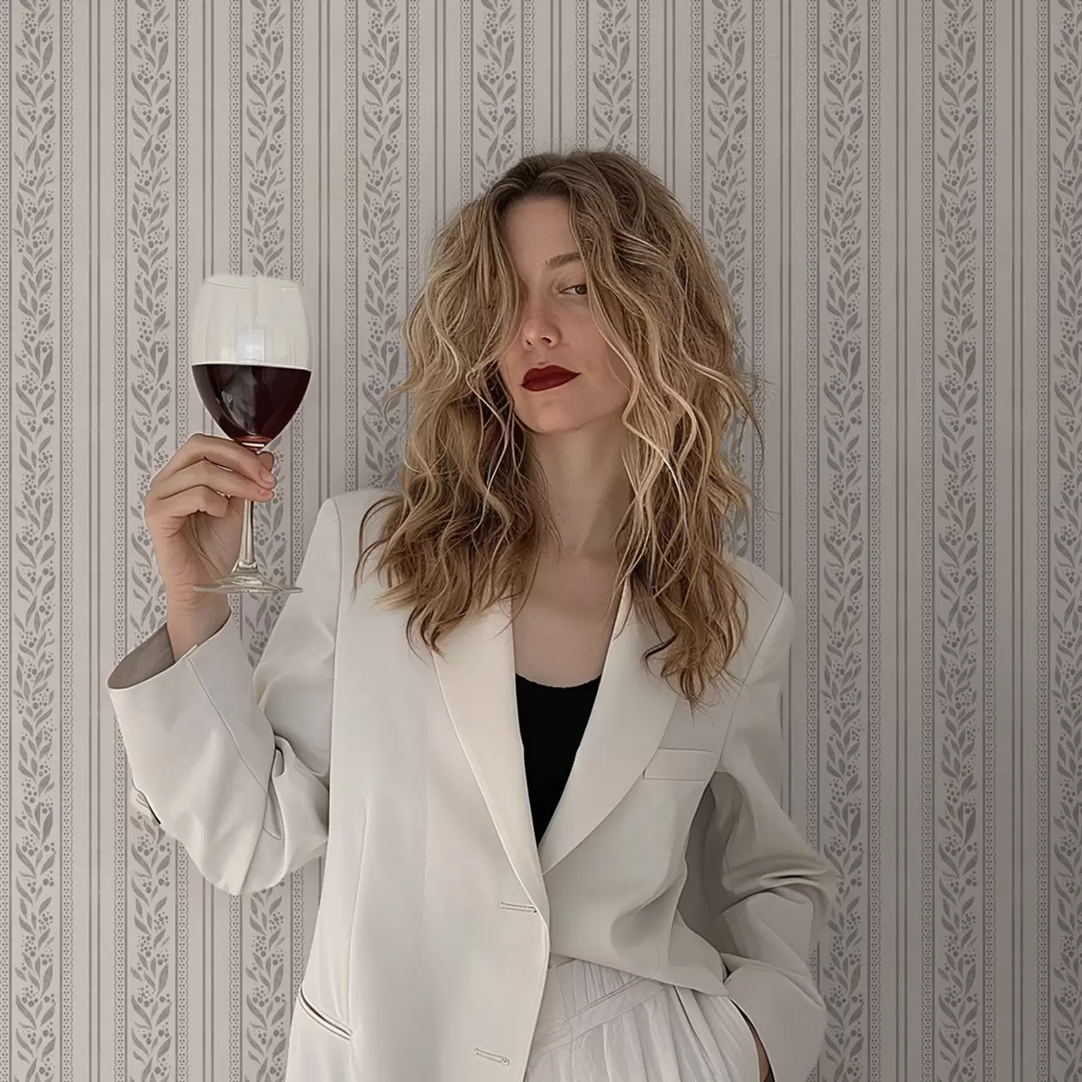 Wallpaper Stripes with lace and gray-beige sprigs a00814