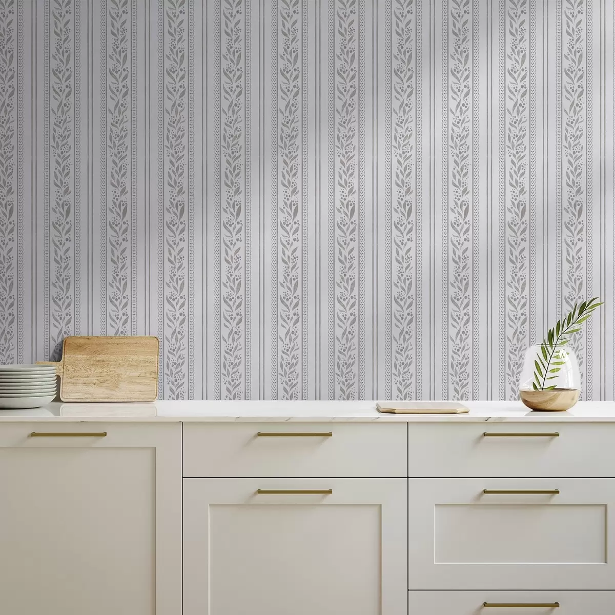 Wallpaper Stripes with lace and sprigs on cool white a00814v1
