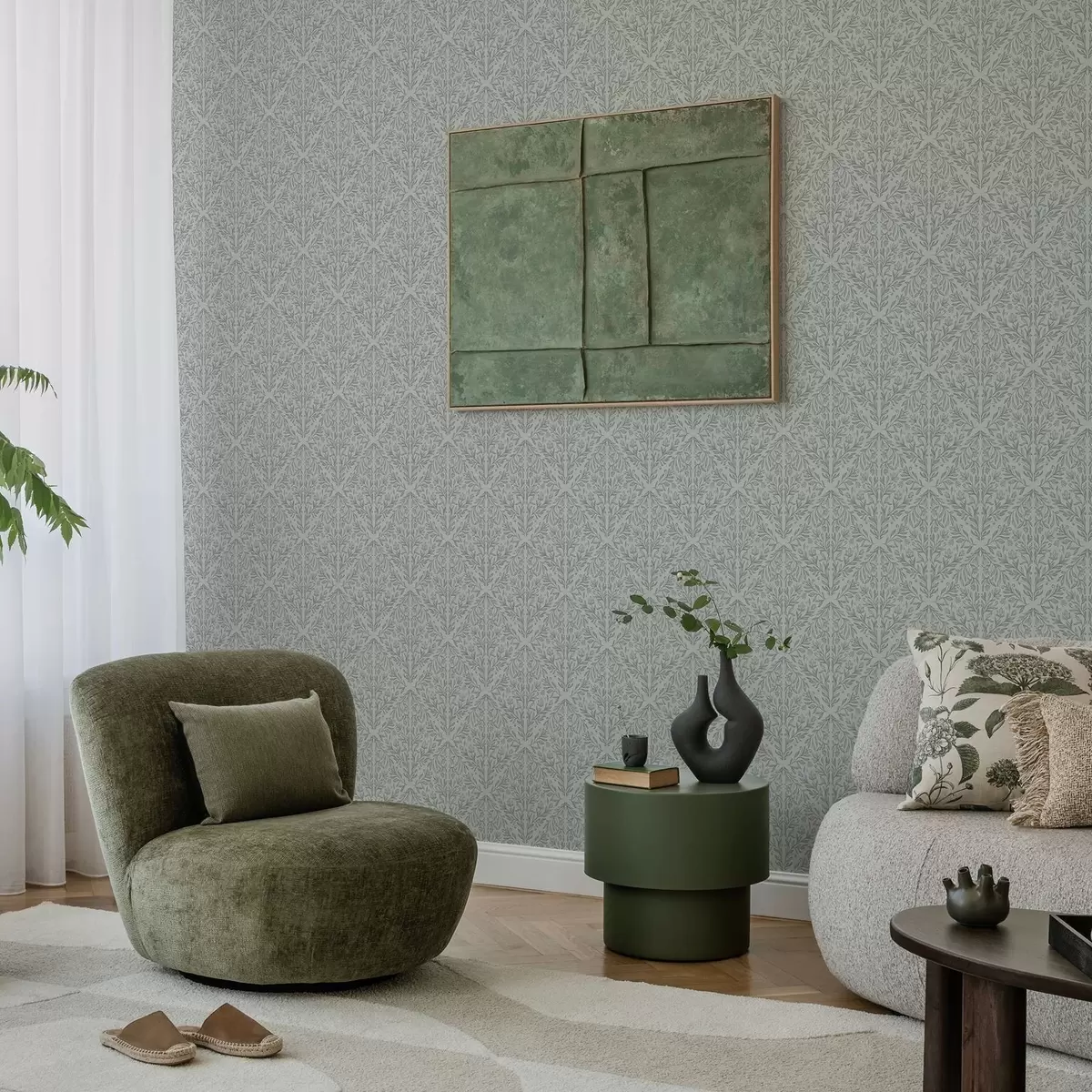 Wallpaper Botanical damask in light gray with soft outline a00815v2