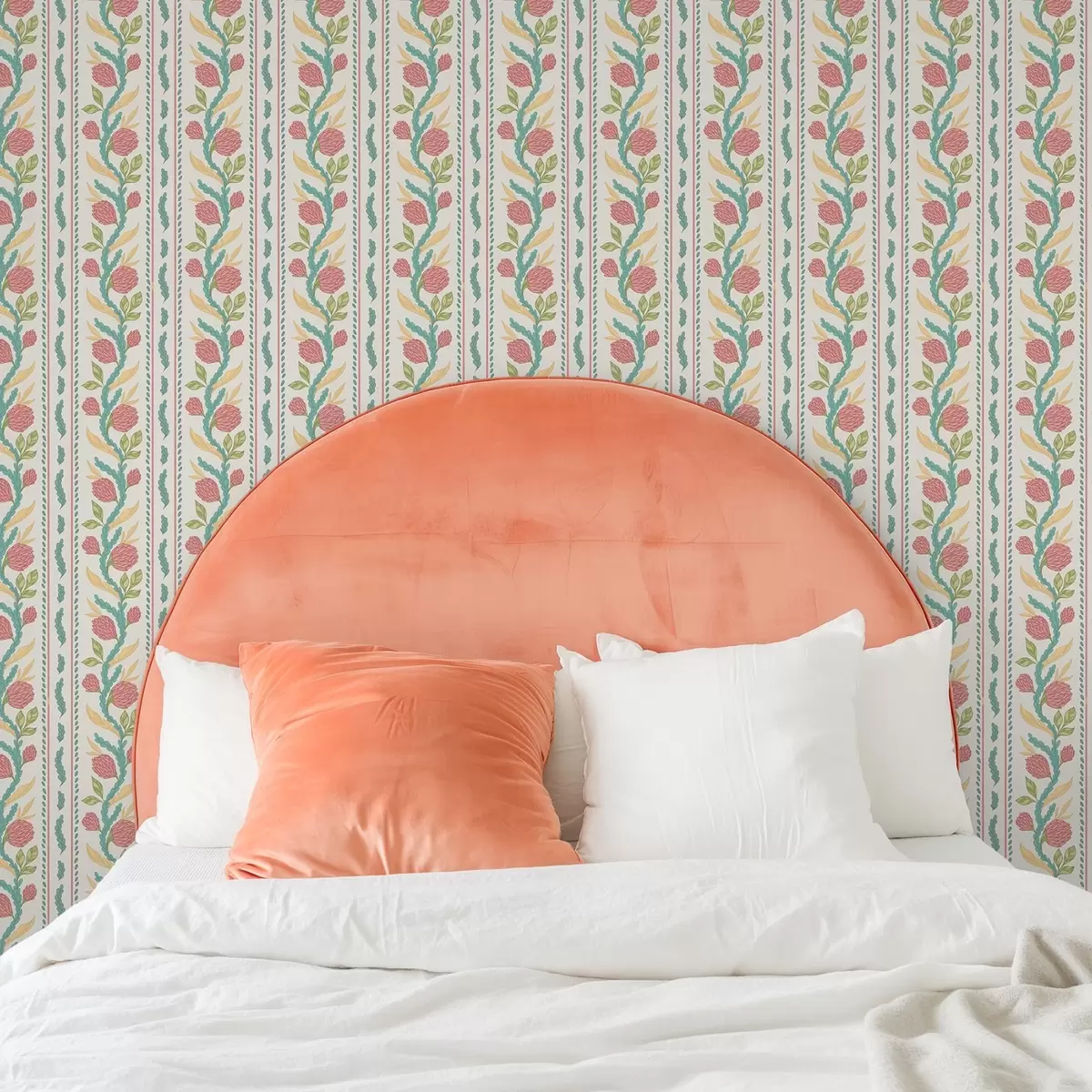 Wallpaper Stripes with coral buds on light cream background a00816v1