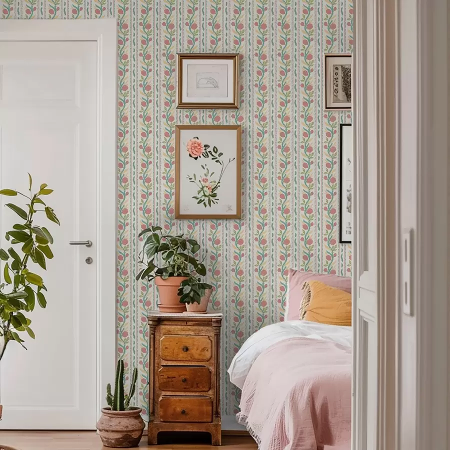 wall murals Stripes with coral buds on light cream background a00816v1