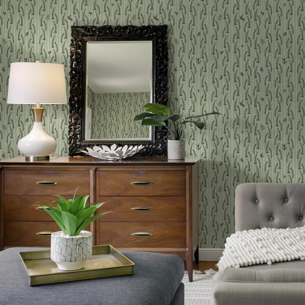 Wallpaper Dense green grasses and shoots on mint with stripes a00819