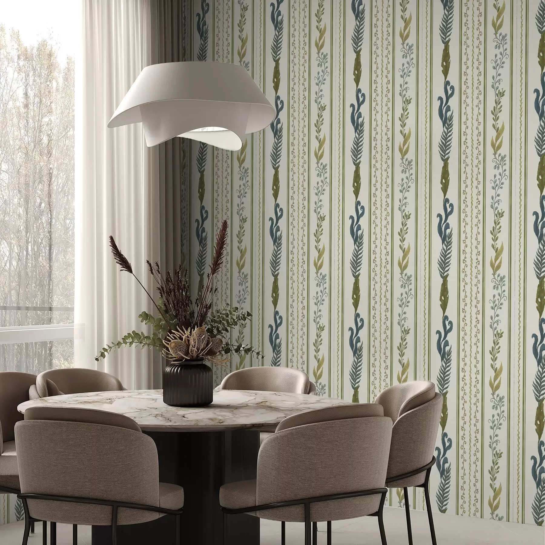 wall murals Stripes with scroll ornament and large branches in greens a00823
