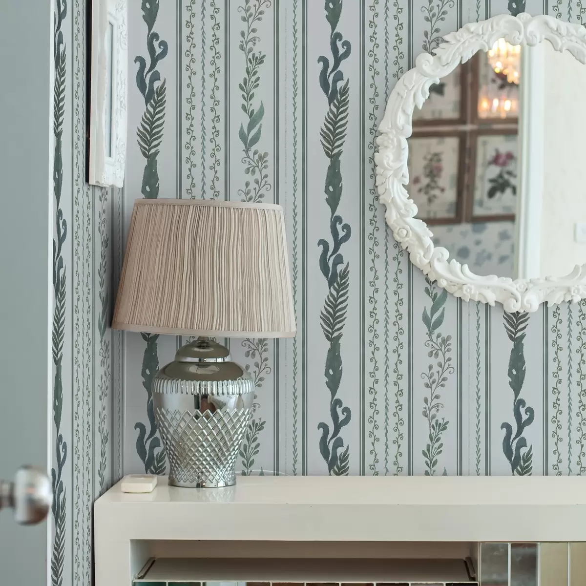 Wallpaper Stripes with branches and curls on cool light blue a00823v1