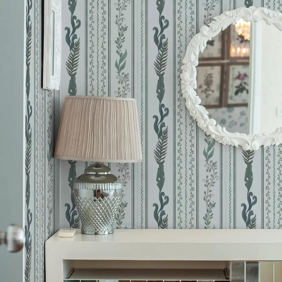 wall murals Stripes with branches and curls on cool light blue a00823v1