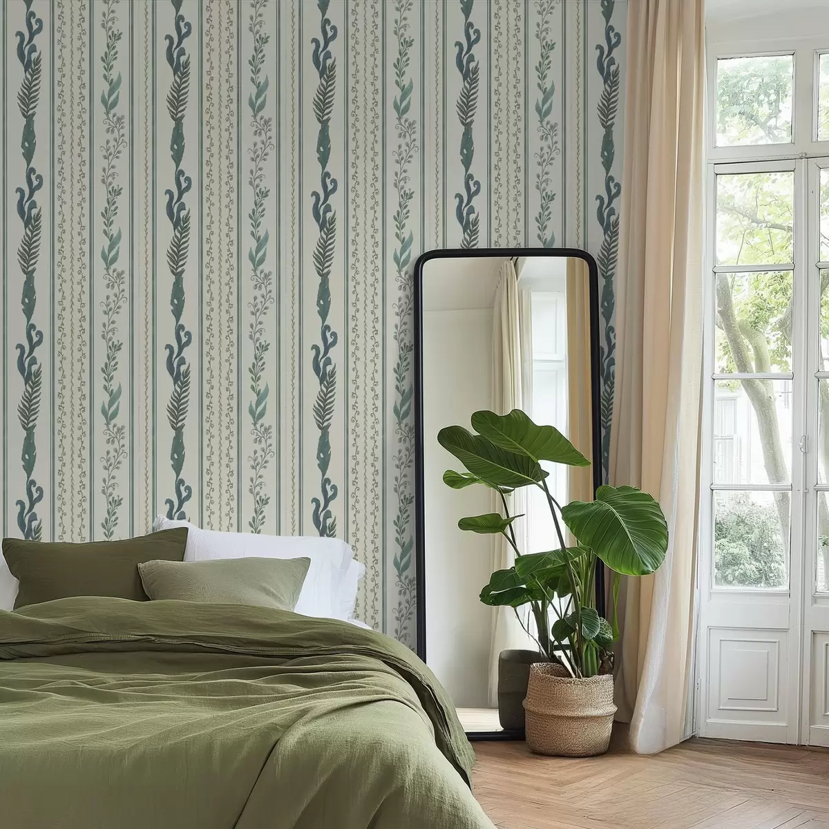 Wallpaper Stripes with branches and curls on warm milky ground a00823v2