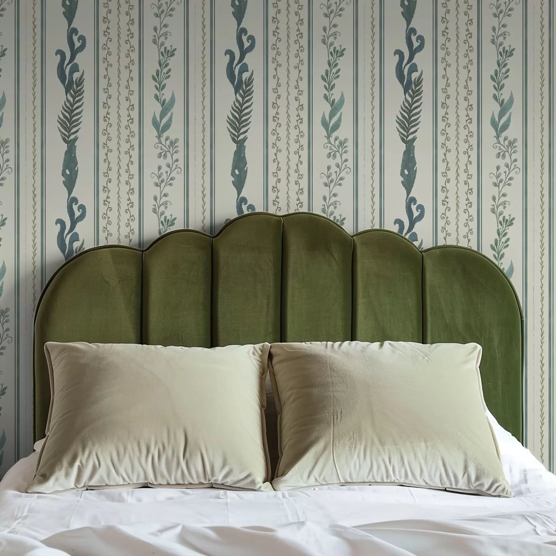 wall murals Stripes with branches and curls on warm milky ground a00823v2