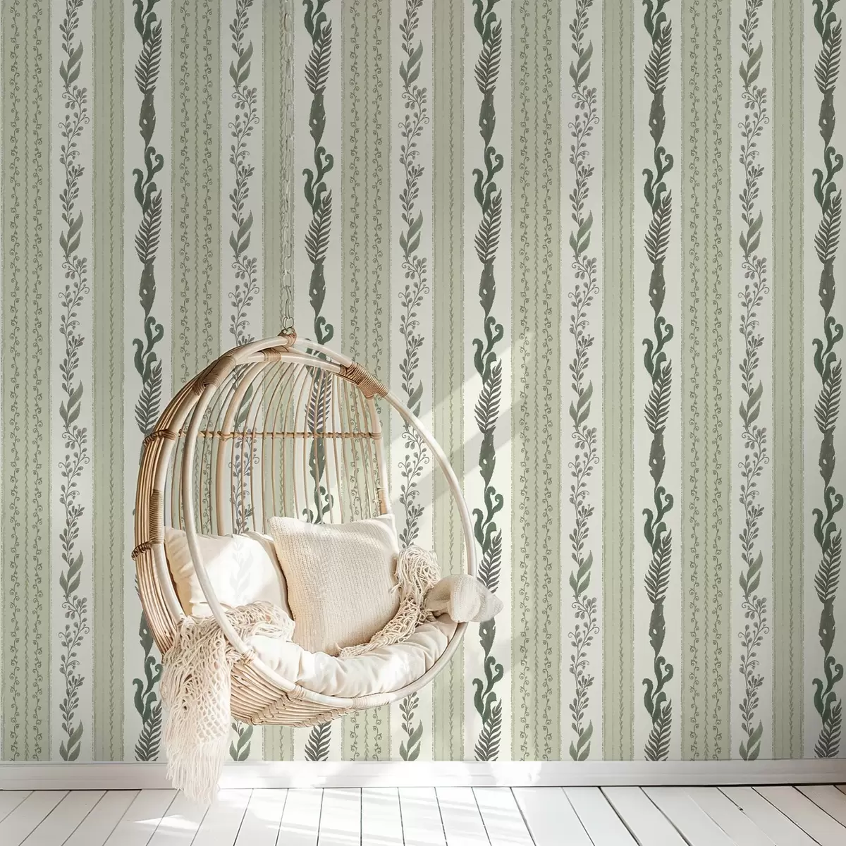 Wallpaper Stripes with branches in green and gray shades, soft contrast a00824