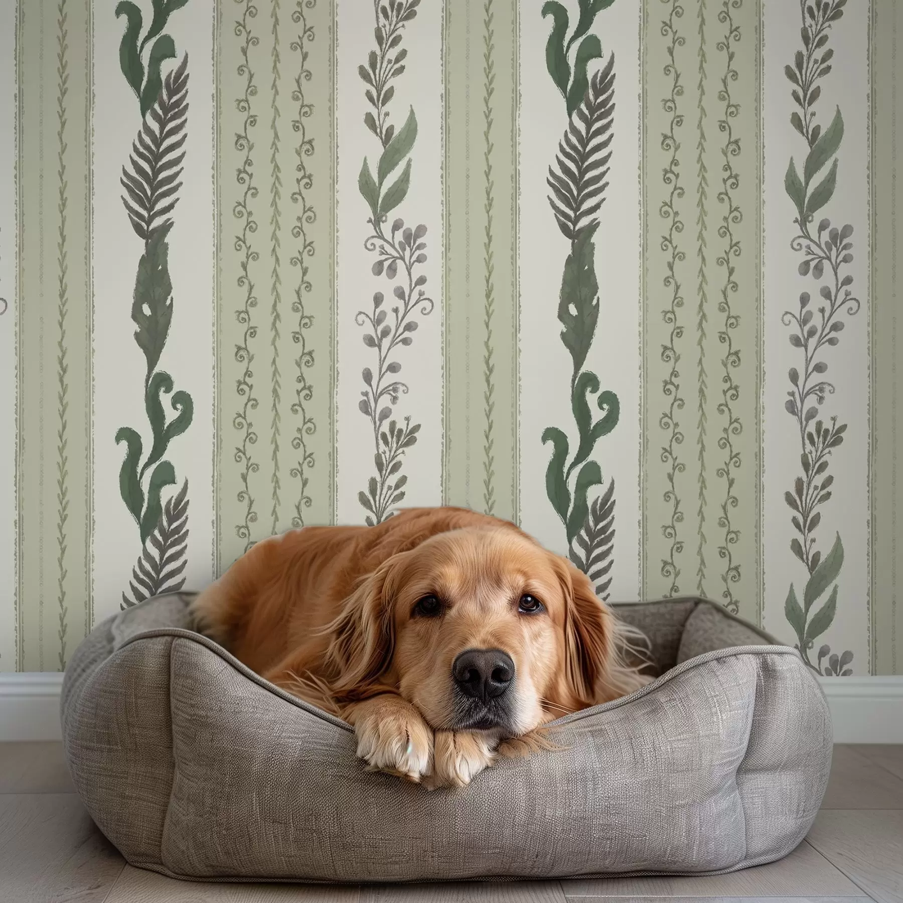 wall murals Stripes with branches in green and gray shades, soft contrast a00824