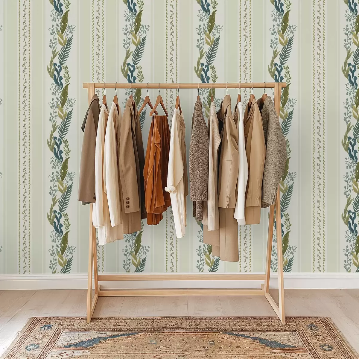 Wallpaper Wide stripes with painterly branches in blue-olive tones a00825