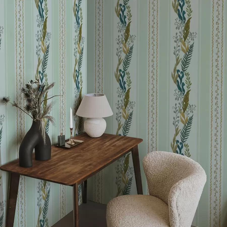 wall murals Wide stripes with painterly branches on soft mint a00825v1