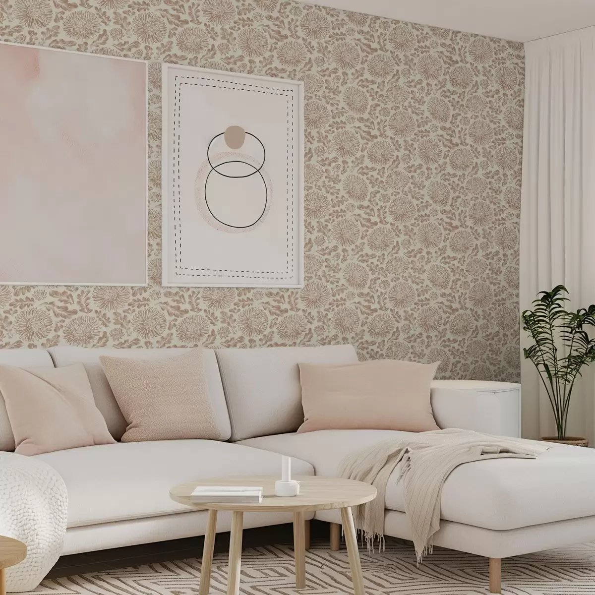 Wallpaper Chrysanthemums and oak leaves in soft beige-brown a00840