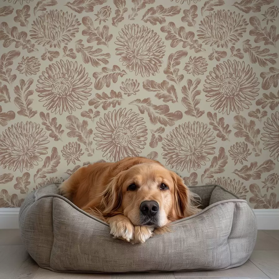 wall murals Chrysanthemums and oak leaves in soft beige-brown a00840