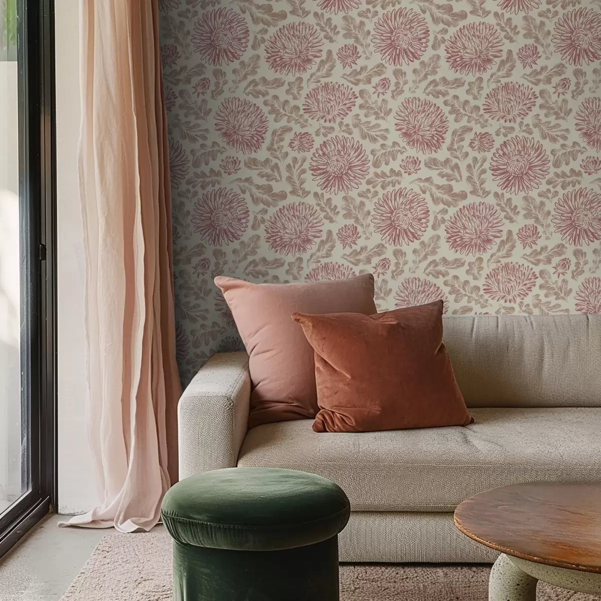 Wallpaper Chrysanthemums with wine accents on cream a00840v1