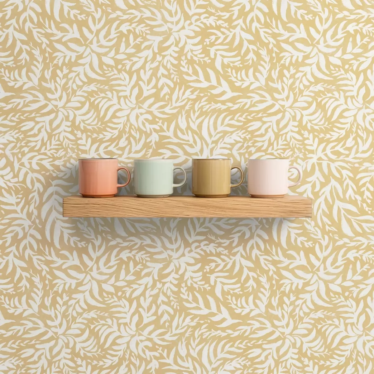 Wallpaper White leaf pattern on warm ochre, swirling rhythm a00845