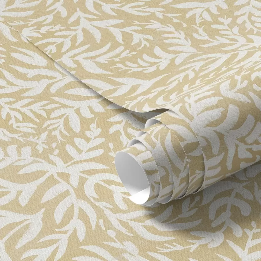 wall murals White leaf pattern on warm ochre, swirling rhythm a00845