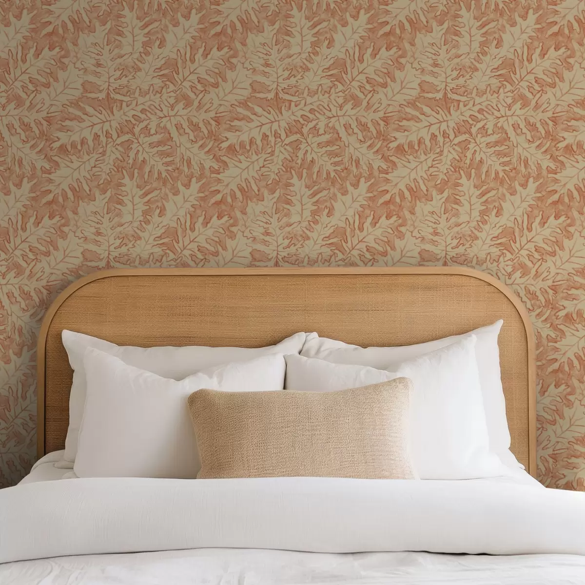 Wallpaper Large oak leaves in terracotta on cream a00846