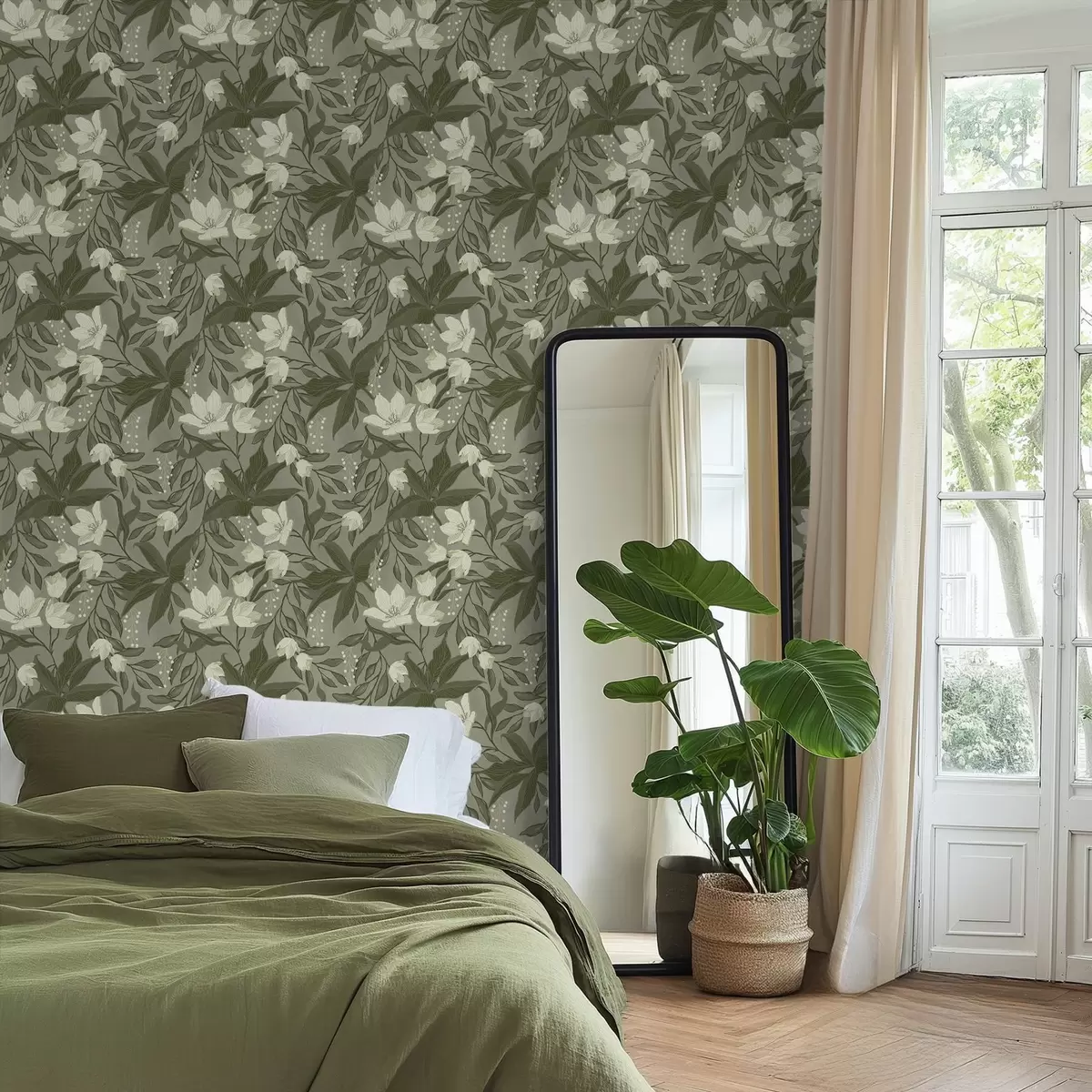 Wallpaper Pale lilies and foliage on gray-olive a00854