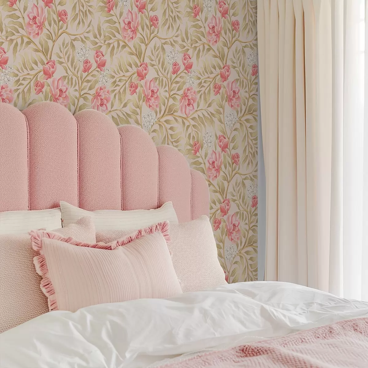 Wallpaper Pink flowers, white blossom and ochre-toned foliage a00855