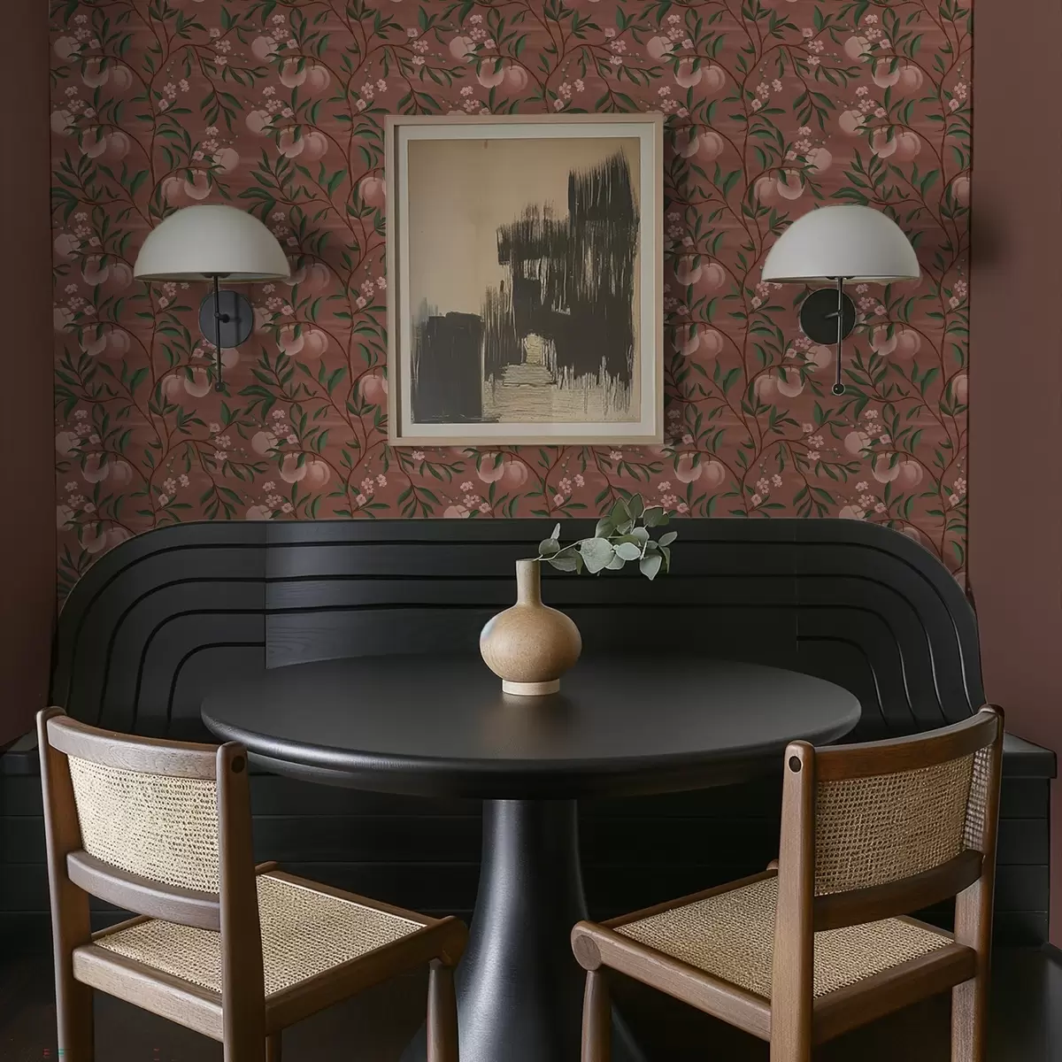 Wallpaper Peaches on branches with pink blossom, terracotta ground a00856