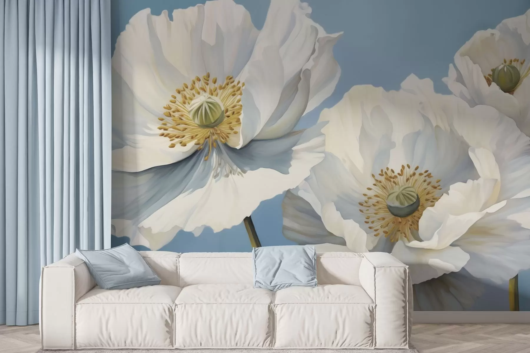 wall murals White poppies with large petals on a sky-blue background w04786