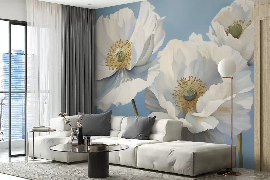 wall murals White poppies with large petals on a sky-blue background w04786