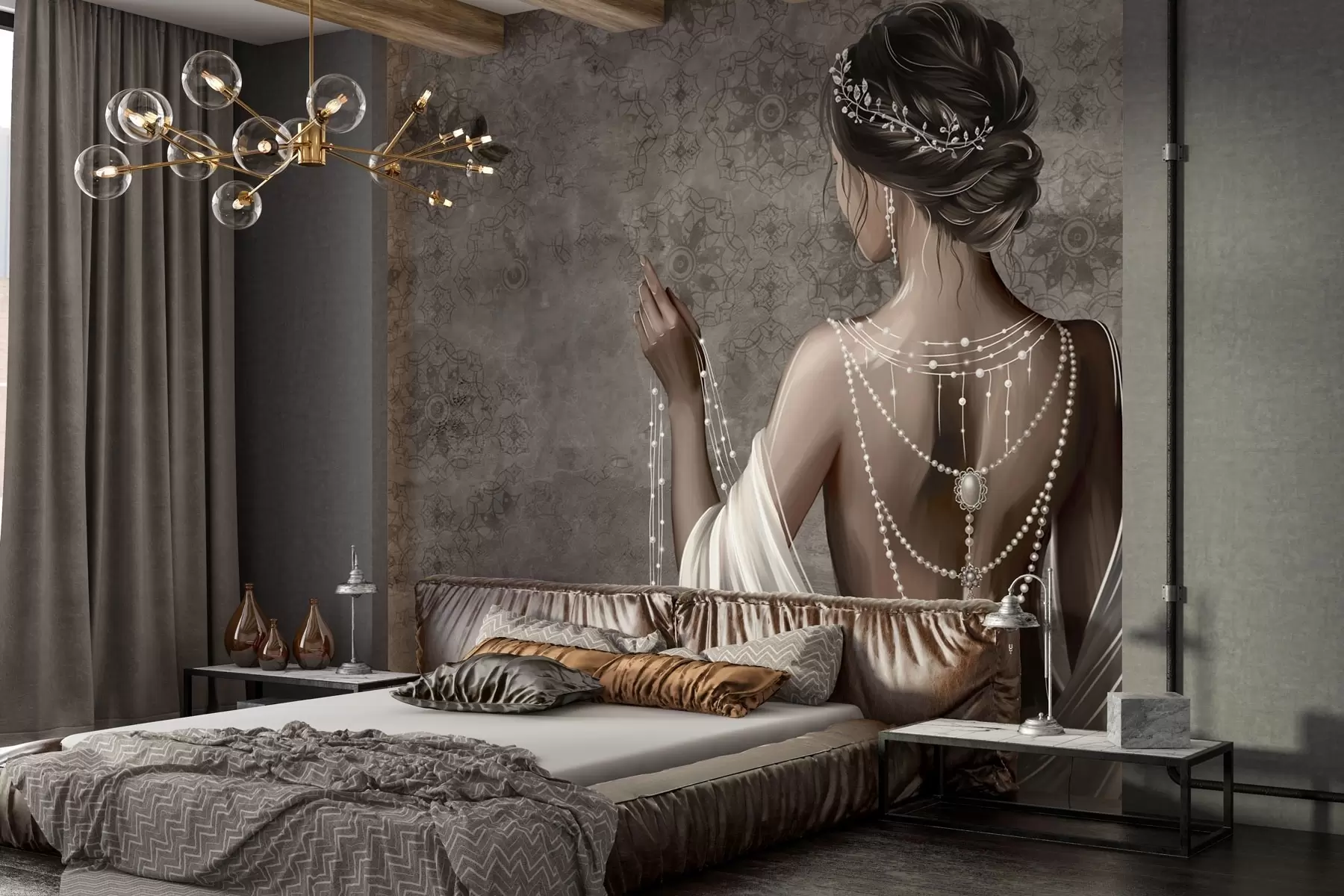 wall murals Woman seen from behind with pearls, gray stone-patterned backdrop w04854