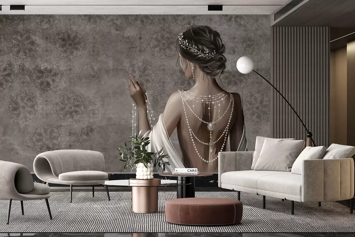 wall murals Woman seen from behind with pearls, gray stone-patterned backdrop w04854