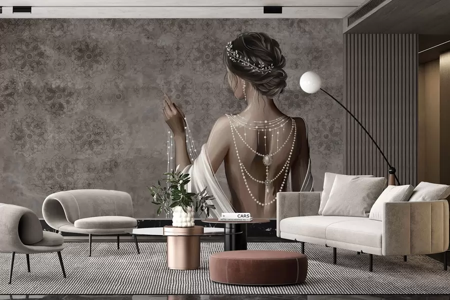 wall murals Woman seen from behind with pearls, gray stone-patterned backdrop w04854