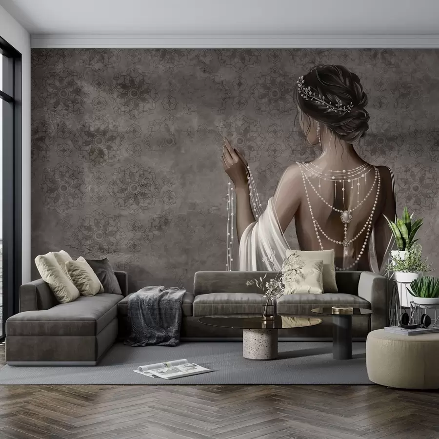 wall murals Woman seen from behind with pearls, gray stone-patterned backdrop w04854
