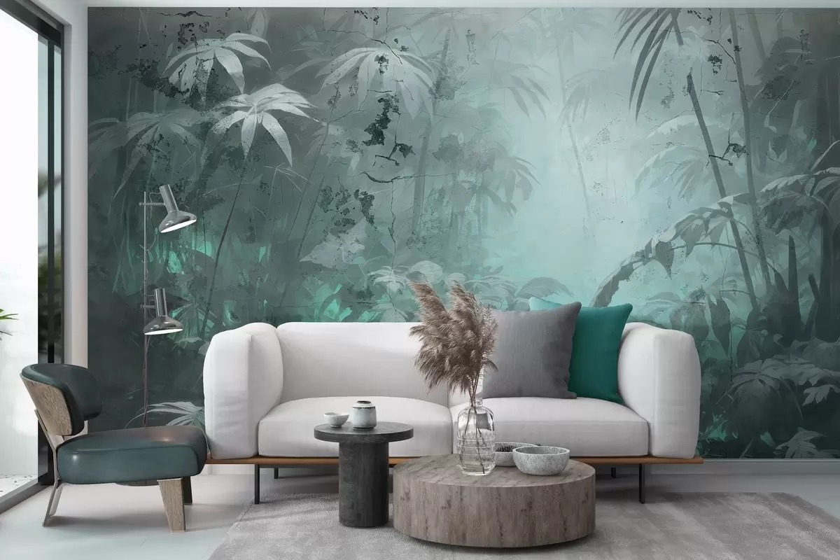 wall murals Painted jungle behind a grunge concrete wall w04833v1