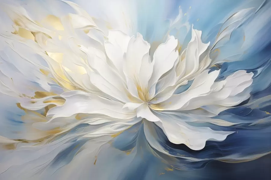 wall murals Large white peony in oil painting style on a blue-yellow background w09511
