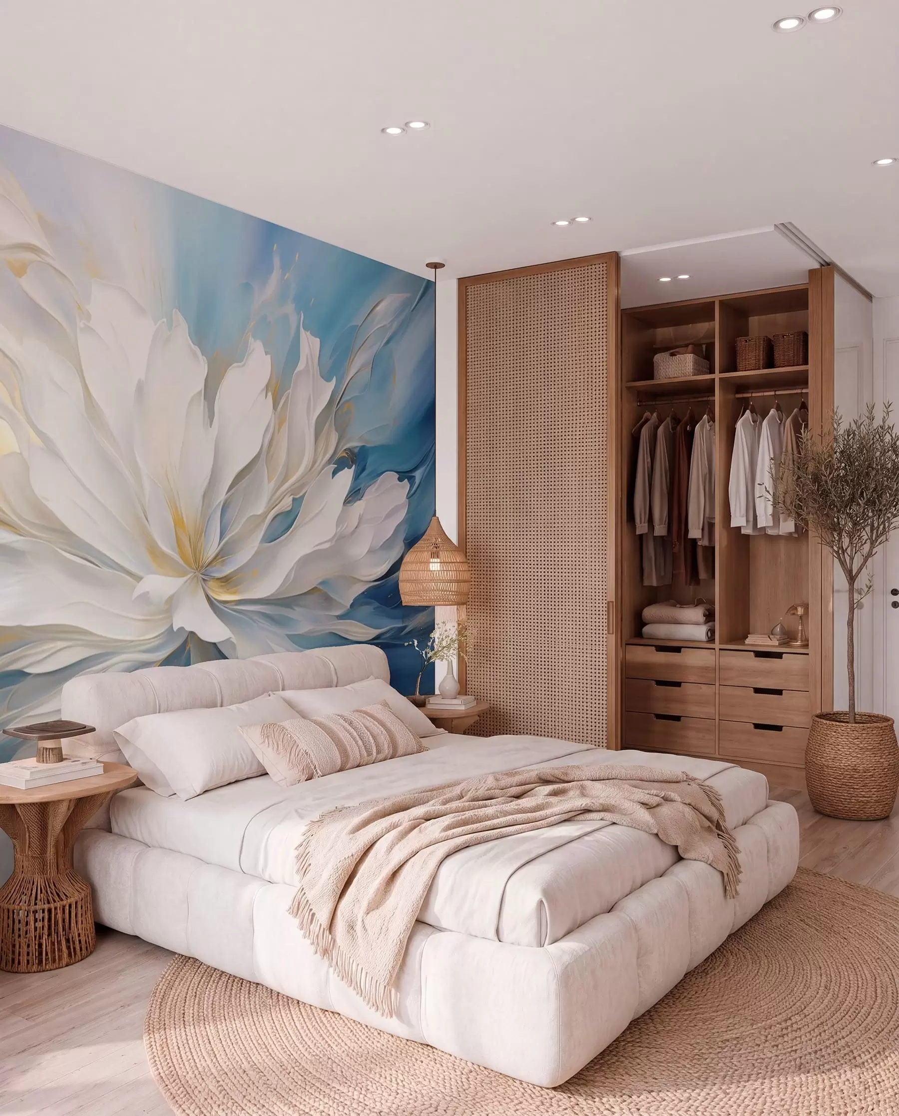 wall murals Large white peony in oil painting style on a blue-yellow background w09511