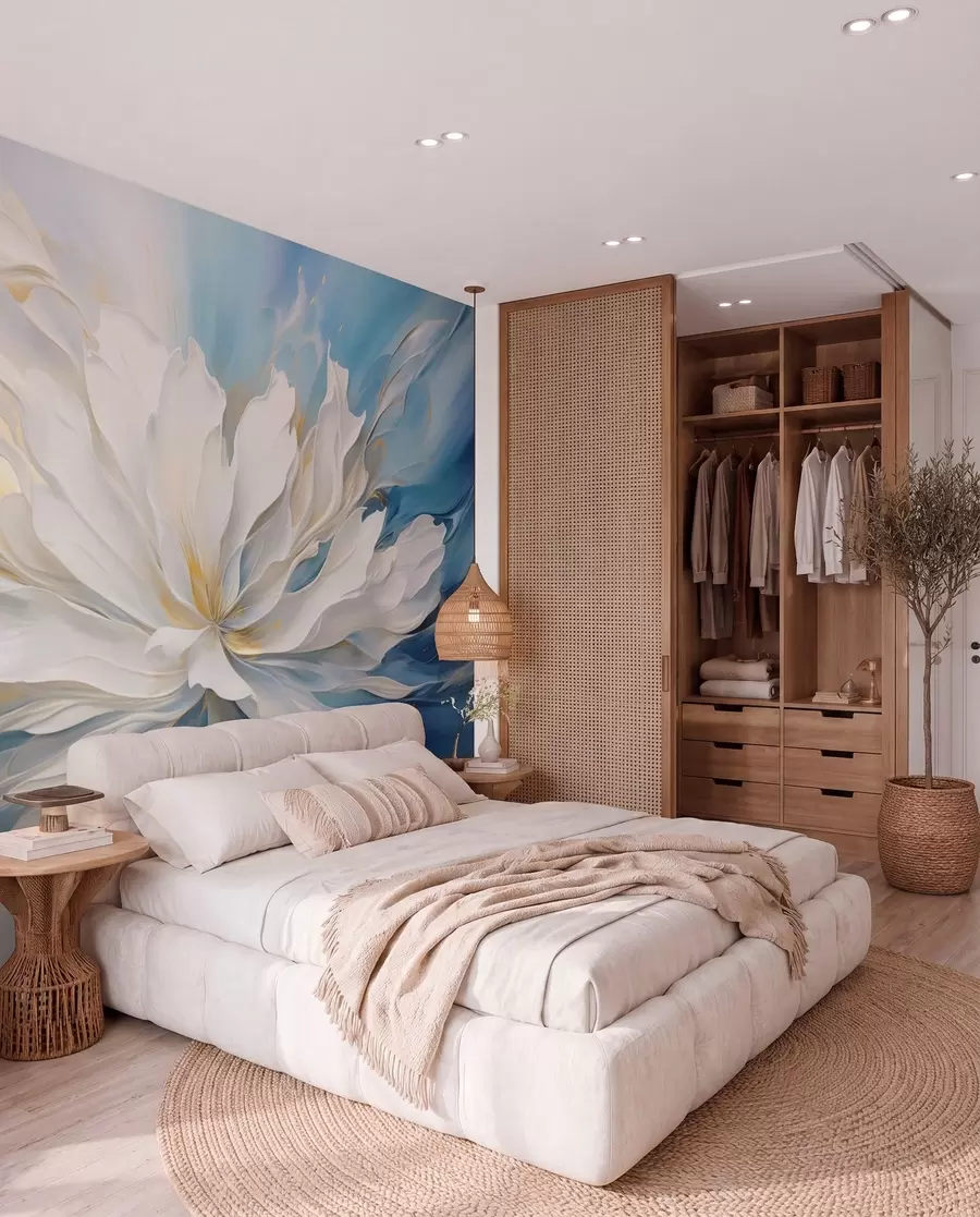 wall murals Large white peony in oil painting style on a blue-yellow background w09511