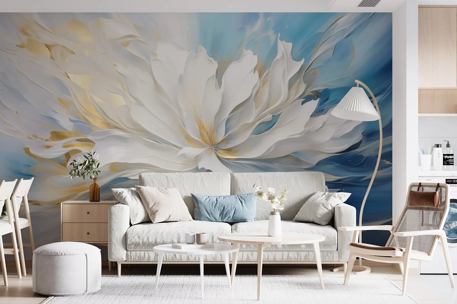 wall murals Large white peony in oil painting style on a blue-yellow background w09511