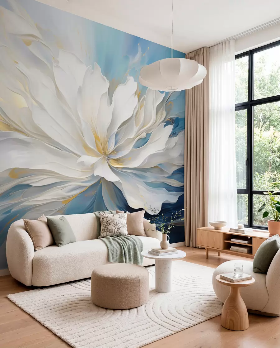 wall murals Large white peony in oil painting style on a blue-yellow background w09511