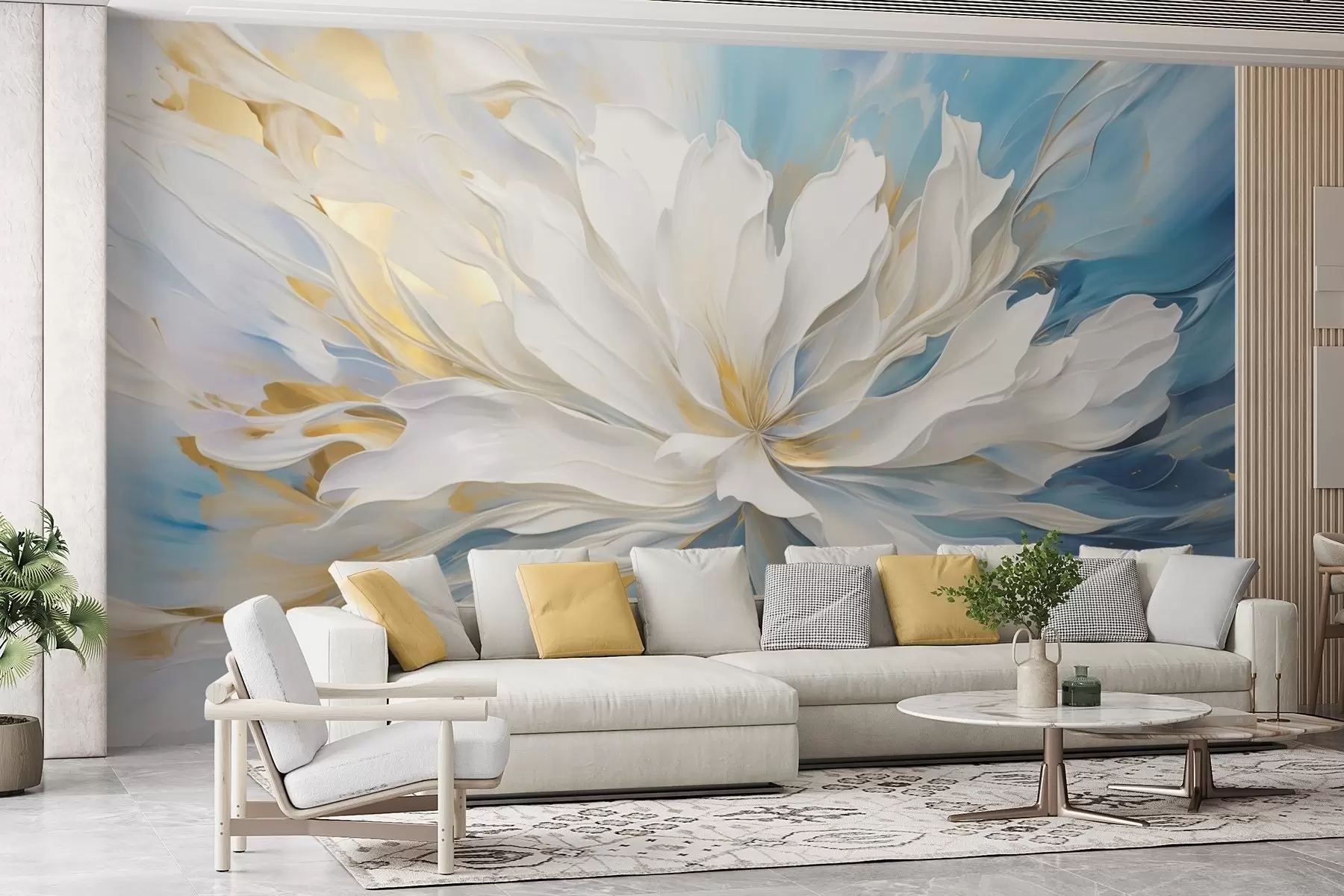 wall murals Large white peony in oil painting style on a blue-yellow background w09511