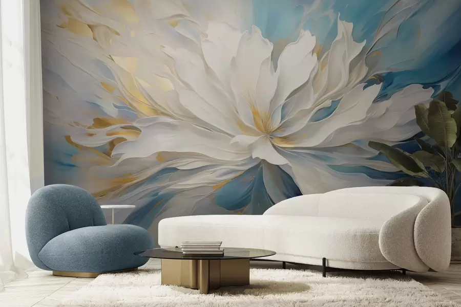 wall murals Large white peony in oil painting style on a blue-yellow background w09511