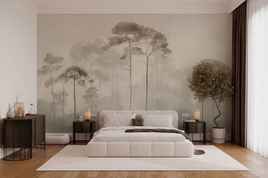 wall murals light silhouettes of pine trees in watercolour style w04634